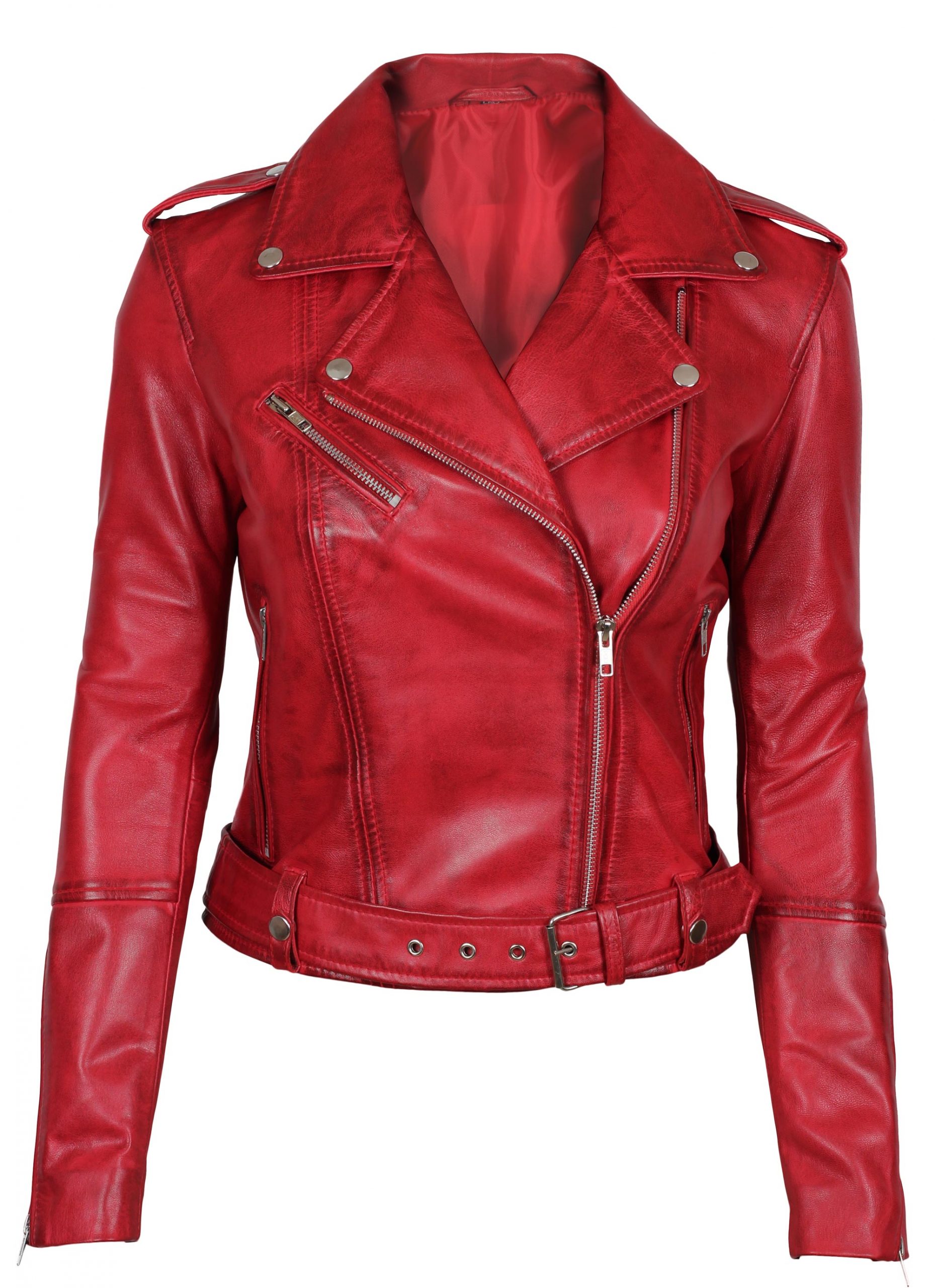 Margaret Red Leather Asymmetrical Biker Jacket For Women - Bikers ...