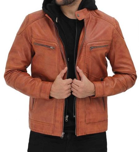 Edward Mens Tan Leather Jacket with Hood