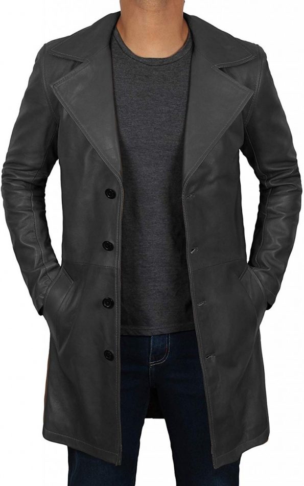 Mens 3/4 Length Black Wide Collar Winter Leather Coat