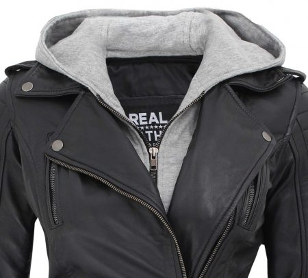 Bagheria Biker Black Hooded Leather Jacket for Women